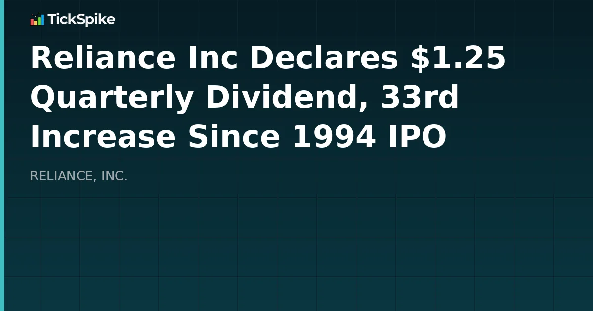 Reliance Inc Declares $1.25 Quarterly Dividend, 33rd Increase Since 1994 IPO